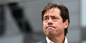 MELBOURNE,AUSTRALIA - FEBRUARY 28:AFL CEO Gillon McLachlan speaks to the media during a press conference at Marvel Stadium on February 28,2022 in Melbourne,Australia. (Photo by Quinn Rooney/Getty Images)