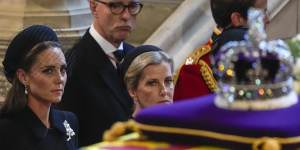 The Princess of Wales and Sophie,the Countess of Wessex,watch over the Queen’s coffin in Westminster Hall.