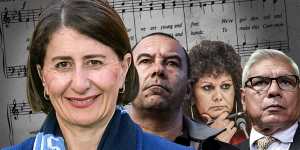 Indigenous leaders have backed Gladys Berejiklian's push for a change to the national anthem. Also pictured are the chief executive of the Metropolitan Local Aboriginal Land Council,Nathan Moran;Federal Labor Senator Malarndirri McCarthy;and former chairman of the Indigenous Advisory Council Warren Mundine.