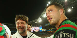 Russell Crowe and Sam Burgess after the 2014 NRL grand final.