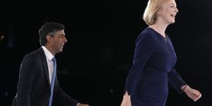 Trailing in the pools,Rishi Sunak follows Liz Truss off the stage after a Conservative leadership election hustings at Wembley Arena in London on August 31.