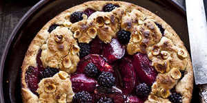Plum,blackberry&hazelnut shortcake. Karen Martini PLUM recipes for Epicure and Good Food. Photographed by Marina Oliphant. Styling by CAROLINE VELIK. Photographed March 5th,2013. The Age Newspaper and The Sydney Morning Herald.