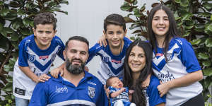 Bulldogs fan Danny Abdallah with wife Leila and children Alex,Michael,Liana and baby Selina at home on Saturday.