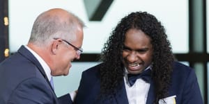 Danzal Baker receives his Young Australian of the Year award from Prime Minister Scott Morrison.