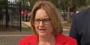 Jacinta Allan campaigning at Manor Lakes Primary School on Saturday