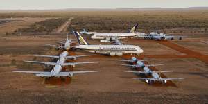 Airbus A380s,Boeing MAX 8s and other smaller aircraft grounded at a storage facility in Alice Springs in 2020 because of the coronavirus pandemic.