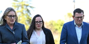 Jacinta Allan,Victorian Minister for Regional Development Harriet Shing and former premier Daniel Andrews announce the cancellation of the Commonwealth Games on July 18.