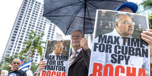 Members of the Assembly of the Cuban Resistance at a rally demanding the “maximum sentence” for former US diplomat and alleged Cuban spy,Manuel Rocha,in Miami on April 9.