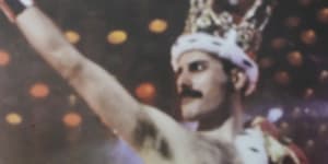 Freddie Mercury’s signature crown worn throughout the ‘Magic’ Tour,on display at Sotheby’s auction rooms in London. The crown and the cape sold for $1.24 million.