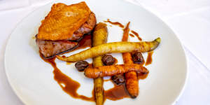 Duck breast with roasted carrots and a grappa jus at Becco.