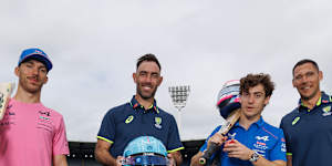Glenn Maxwell (second from left) and Scott Boland (far right) pressed the flesh with Alpine Formula 1 racers Pierre Gasly and Franco Colapinto at the MCG on Wednesday.