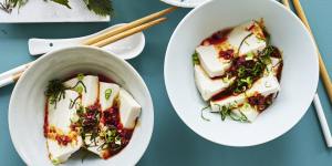 Chilled silken tofu dressed with ginger and crispy chilli sauce.