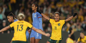 Australia’s Mary Fowler scores a goal against France in send-off friendly.