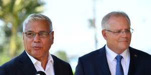 Liberal candidate for Gilmore Warren Mundine with Prime Minister Scott Morrison in Nowra on Wednesday.