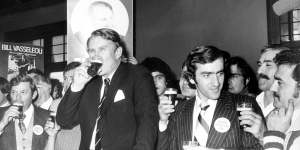 Bottoms up:Then prime minister Malcolm Fraser has a beer during the 1979 campaign.