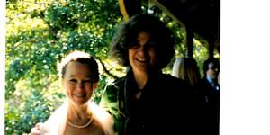 Gabrielle Carey (at left) and Debra Adelaide on Carey’s wedding day in May 2004 – the bride in pastels,bathed in sun,Adelaide literally in the shadows.