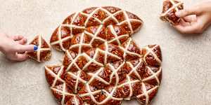 Norma’s hot cross bun wheel is made from 30 rolls baked together,