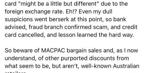 A Facebook user complains about falling for a sale advertised on a fake Macpac website.