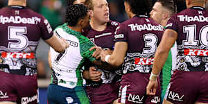 Jake Trbojevic suffers his third serious concussion of 2025 against Canberra.