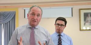 Questions to answer:Nationals MP Barnaby Joyce and Minister for Water David Littleproud at a community forum in Tamworth on Tuesday.