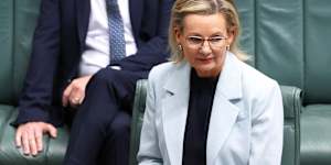 Nationals leader David Littleproud and Opposition leader Sussan Ley take their seats for Question Time at Parliament House in Canberra on Monday 3 November 2025. fedpol Photo:Alex Ellinghausen