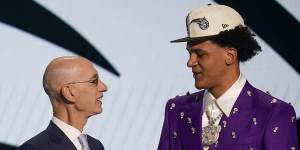 Number 1 pick in the NBA Draft,Paolo Banchero,right,meets NBA commissioner Adam Silver after being selected by the Orlando Magic.