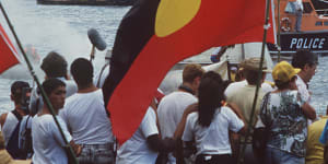 Celebrations and protest on Sydney Harbour on January 26,1988.