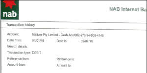 A bank statement from Caddick’s company Maliver showing money transferred out in the names of two investors purporting to be as payment for renting out her house.