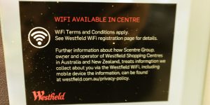 A sign advertising free WiFi outside a Westfield shopping centre.