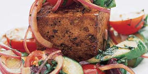 Marinated tofu steak and summer vegetable salad.