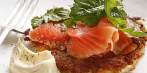 Mashed potato cakes with smoked trout.