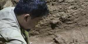 Dr Tim Maloney (right) and Andika Priyatno work at the site in a cave in East Kalimantan,Borneo,in 2020. The remains,which have been dated to 31,000 years old,mark the oldest evidence for amputation yet discovered.