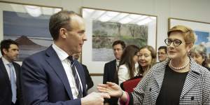 UK Foreign Secretary Dominic Raab with Foreign Minister Marise Payne at Parliament House on Thursday. 