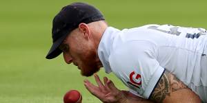 Ben Stokes fumbles a late chance off the batting of Nathan Lyon.