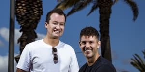 Bondi Sands founders Shaun Wilson and Blair James at Port Melbourne beach.