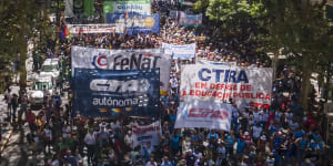 Protesters during a national strike against policies of new Argentinian President Javier Milei called by worker’s union CGT on January 24.