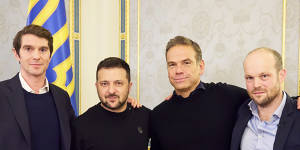 (From left) Fox News journalist Benjamin Hall with Ukrainian President Volodymyr Zelensky,News Corp chair Lachlan Murdoch and Sun reporter Jerome Starkey in Kyiv. 