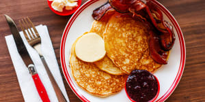Pancakes can be customised by adding maple bacon,cream or blueberry compote.