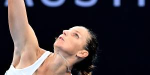 Karolina Pliskova of the Czech Republic serves in her match against Naomi Osaka of Japan during day four of the 2024 Brisbane International at Queensland Tennis Centre. 
