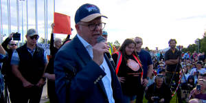 Anthony Albanese speaking at the rally in Canberra on Sunday. 