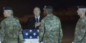 Mike Pompeo visited Dover Air Force Base for the arrival of the coffin of Army Sergeant 1st Class Elis Angel Barreto Ortiz.