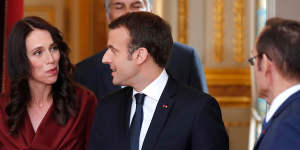 New Zealand Prime Minister Jacinda Ardern,left,and French President Emmanuel Macron following their meeting at the at the Elysee Palace in Paris
