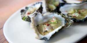 Moonlight Flat oysters with pomello and pink peppercorn. 