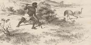 A 19th-century depiction of an Indigenous man hunting emus. 