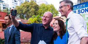 North Shore MP Felicity Wilson with former federal MP Trent Zimmerman and former premier Dominic Perrottet ahead of the 2023 state election,