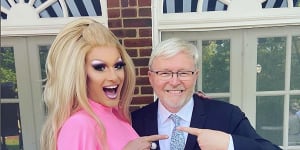 Australian DJ Kitty Glitter pictured with Kevin Rudd at his first Pride event as ambassador to the US.