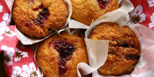 Raspberry Jam-drop Cornmeal Muffins