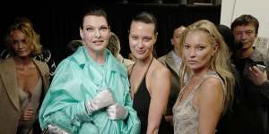 Linda Evangelista,Shalom Harlow,and Kate Moss at the Front Row of the Fendi Spring 2023 fashion show at the Hammerstein Ballroom on September 9,2022.