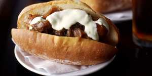 Sausages with onion confit and aioli.