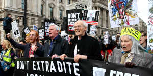 Supporters including WikiLeaks editor-in-chief Kristinn Hrafnsson,Julian Assange’s father John Shipton and fashion designer Vivienne Westwood march in solidarity with Assange in February 2020. Westwood has since died.